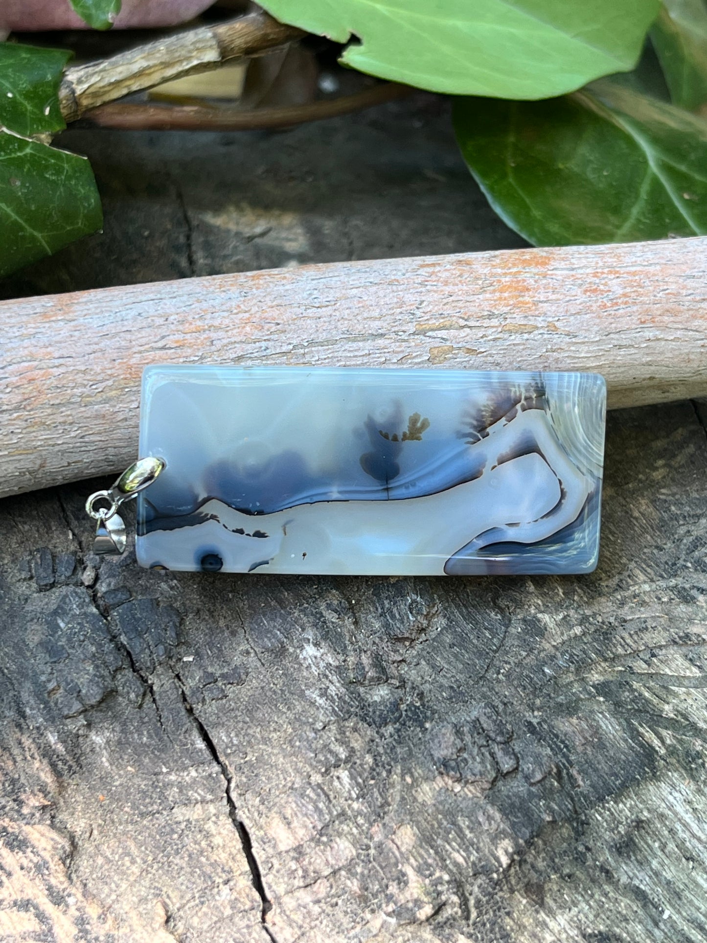 Sterling silver rectangular scenic dendritic agate pendant